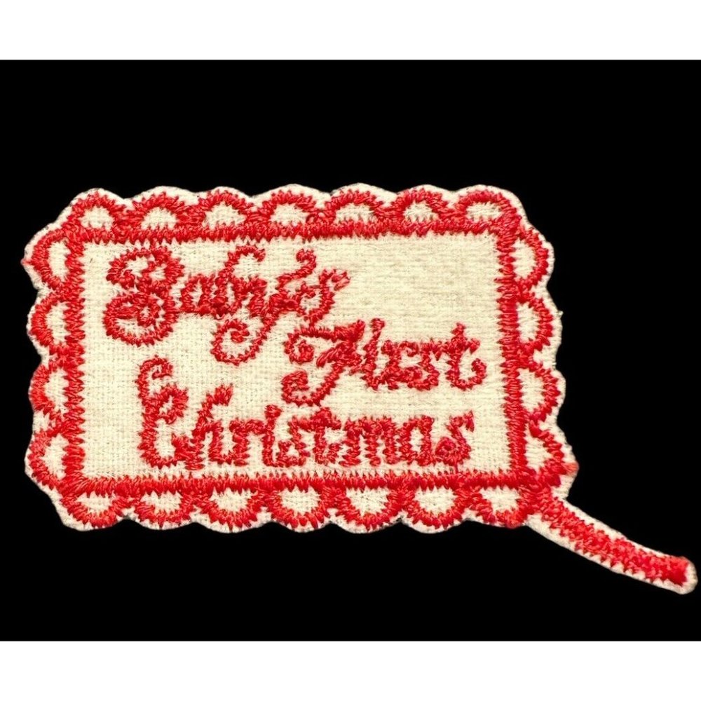 Baby`s First Christmas Embroidered Sew Iron on Patch Christmas Present Tag Craft
